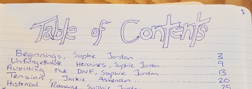 The top part of a handwritten page of notes listing a Table of Contents.