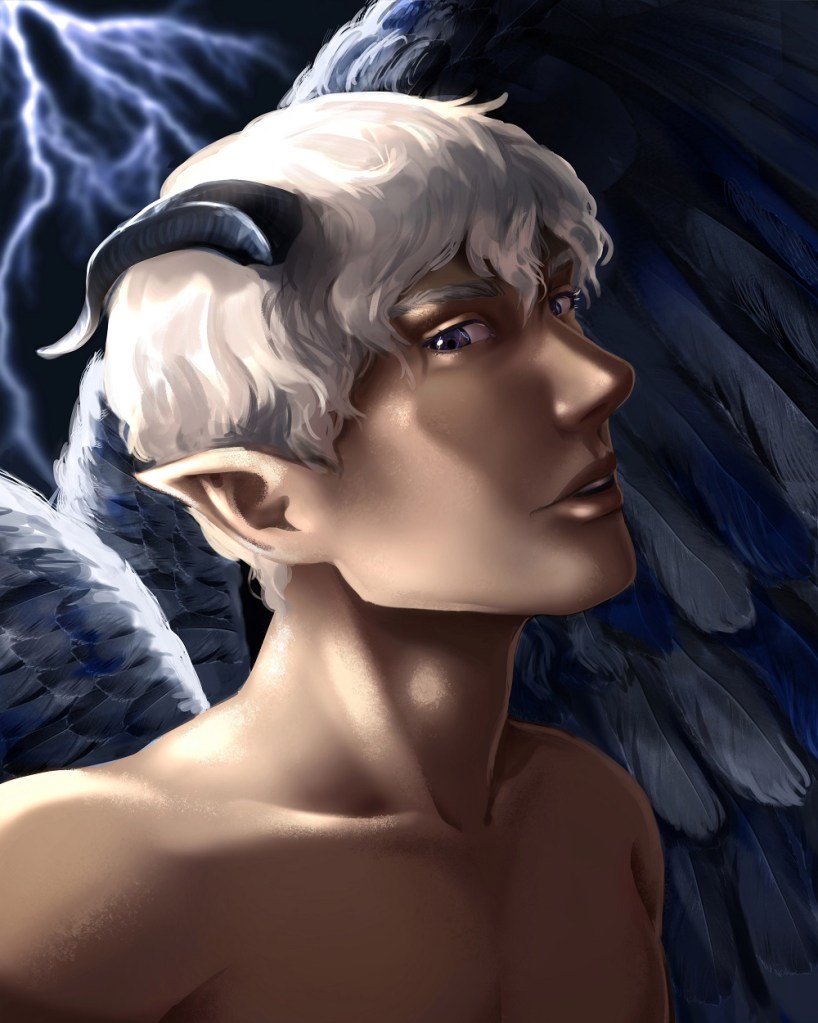 Illustration of a winged fae man with silver hair, dark horns, and blue-white feathers.