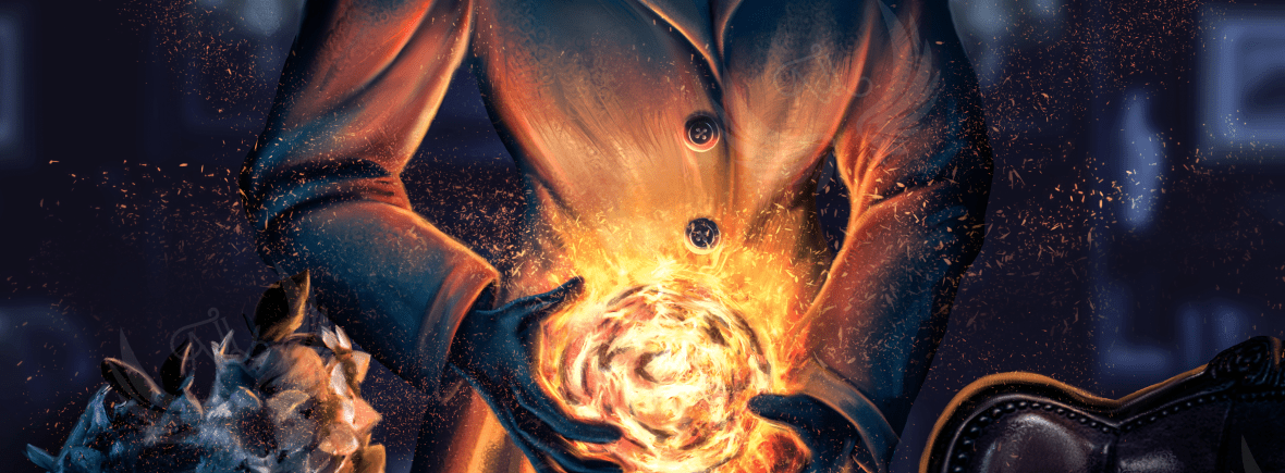 Illustration of a woman in an old-fashioned coat and hat holding a fireball.