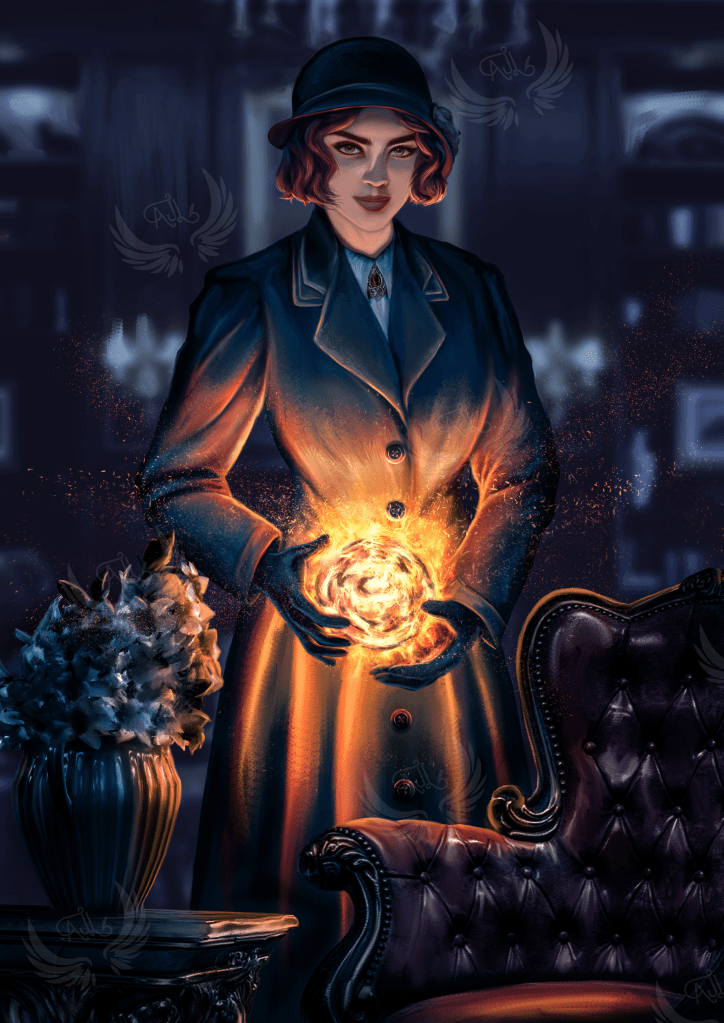 Illustration of a woman in an old-fashioned coat and hat holding a fireball.