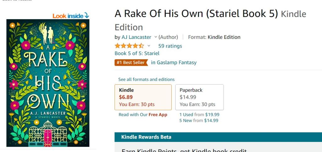 Screenshot of Amazon product page for A Rake of His Own showing an orange "#1 Best Seller in Gaslamp Fantasy" tag.