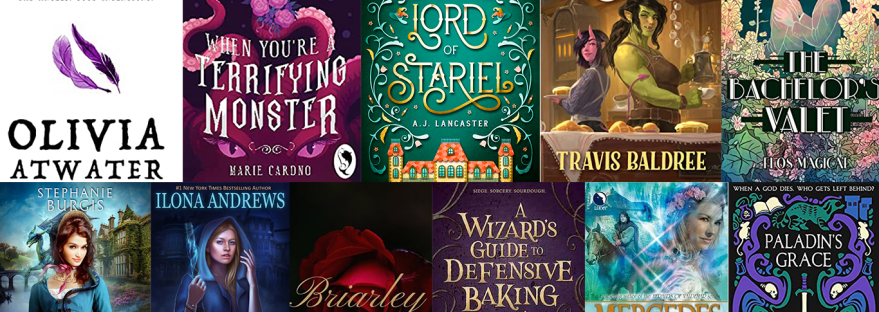 A selection of cozy fantasy books including Small Miracles, How to Get A Girlfriend When You're A Terrifying Monster, The Lord of Stariel, Legends and Lattes, The Bachelor's Valet, Scales and Sensibility, Clean Sweep, Briarley, A Wizard's Guide to Defensive Baking, The Fairy Godmother, Paladin's Grace