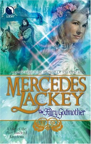 Cover of The Fairy Godmother by Mercedes Lackey. It is sparkly aquamarine and shows a beautiful woman in a flower crown with a man on a horse in the background.