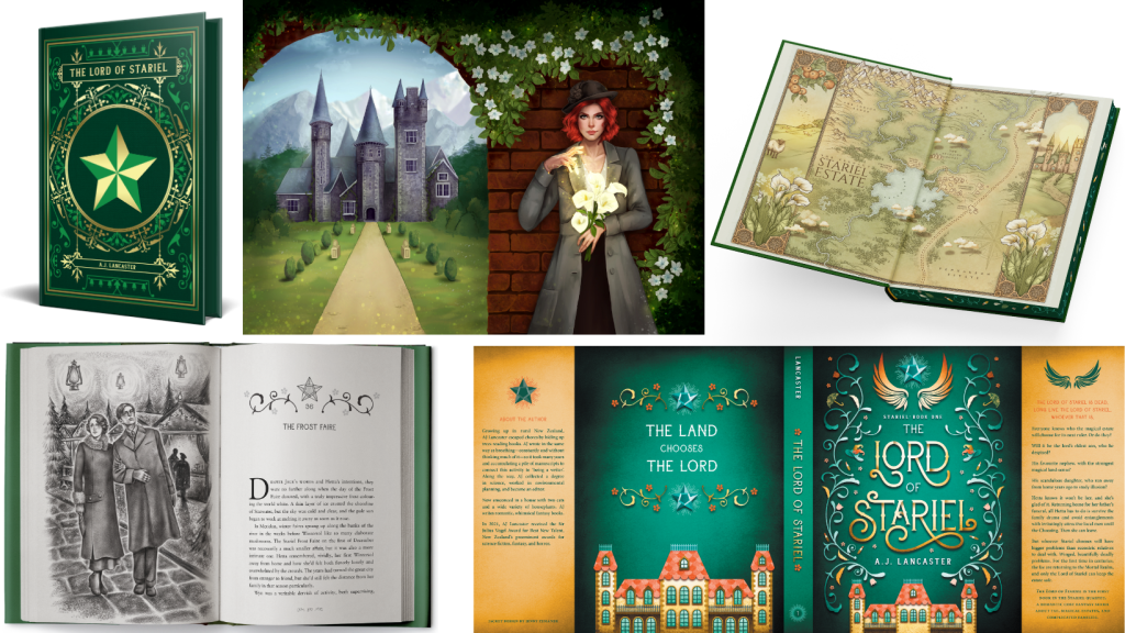 A selection of mock-ups showing different aspects of the special edition hardbacks, including the reversible dustjacket art, the foiled case, the endpaper map, and interior art.