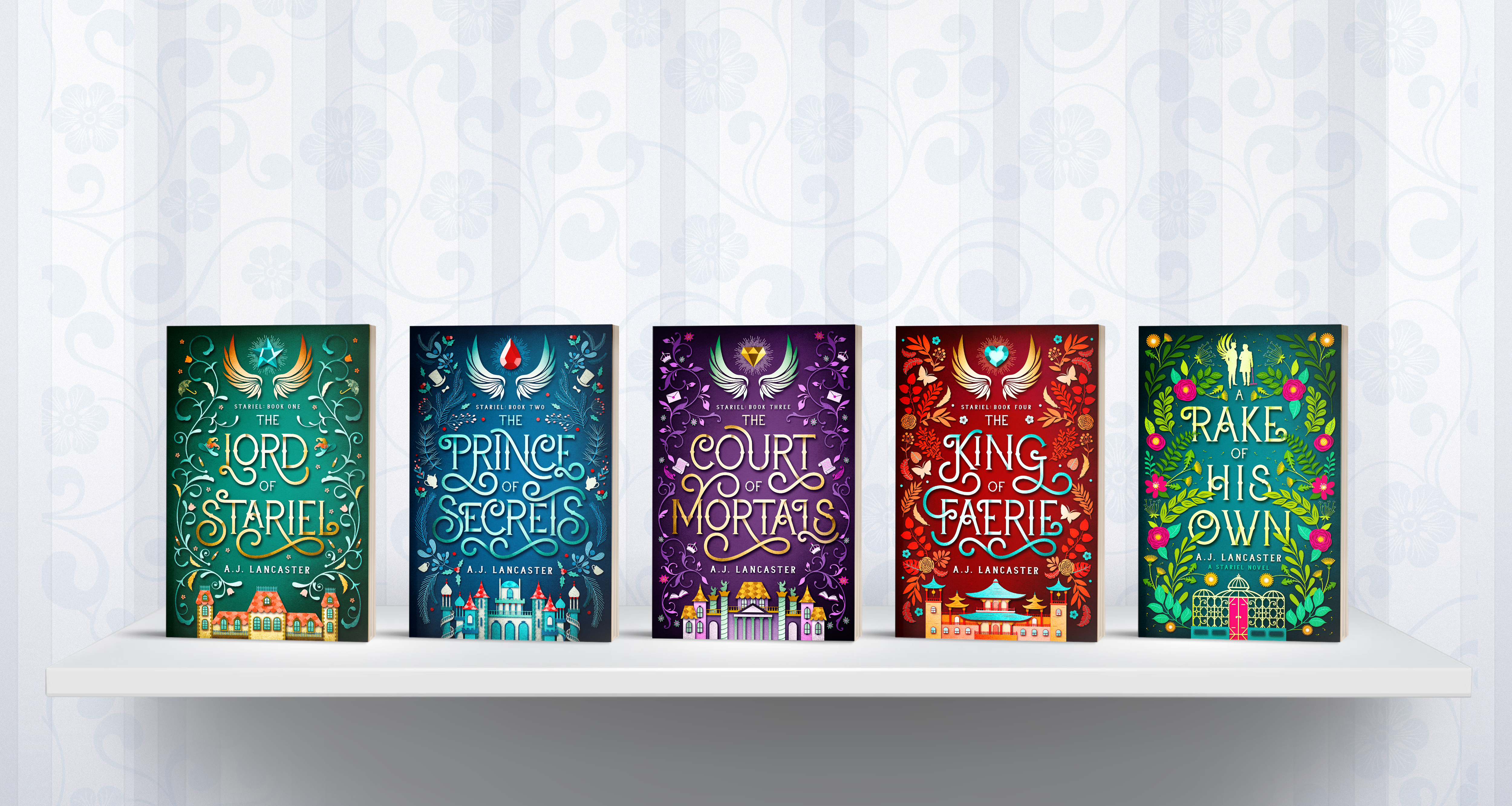 Five Stariel books on a shelf